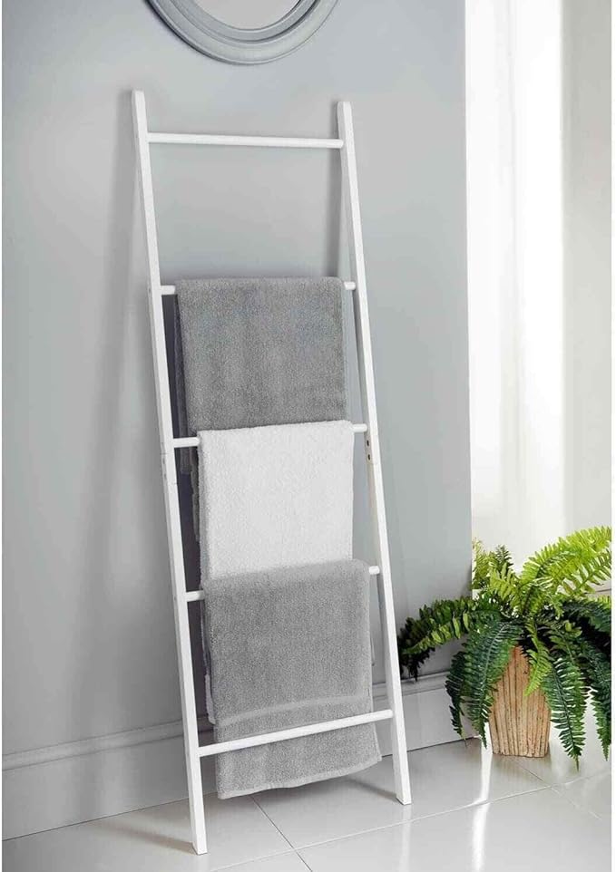 Homme Concept White Towel Ladder with Rungs Wooden Clothes Airer Bathroom Towel Hanger Decorative Freestanding Rack Towel Holder for Toilet Home