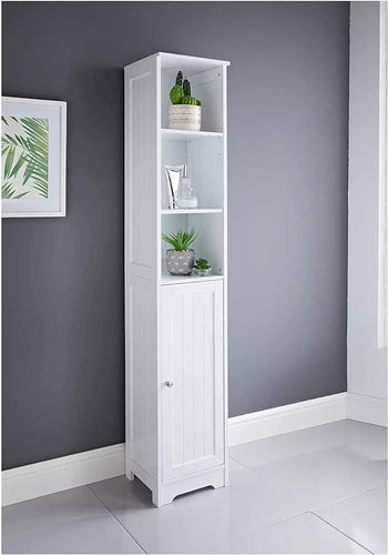 Homme Concept - White Tall Bathroom Cabinet, Narrow Bathroom Storage Cabinets Unit, Free Floor Standing Tallboy Cupboard, Slimline Multi-Purpose Organiser for Bathroom, Living Room, Kitchen, Hallway