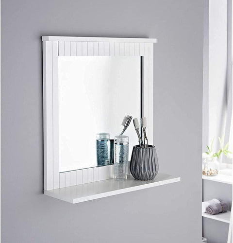 White Bathroom Wood Frame Mirror Wall Mounted with Cosmetics Shelf