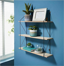 Load image into Gallery viewer, Modern 3 Tier Wooden Floating Shelves with Metal Wire Frame, Wall Mounted Wire Shelves, Decorative Hanging Shelves, Shelving unit for storage, Industrial Display Wall Shelf for Living Room home décor