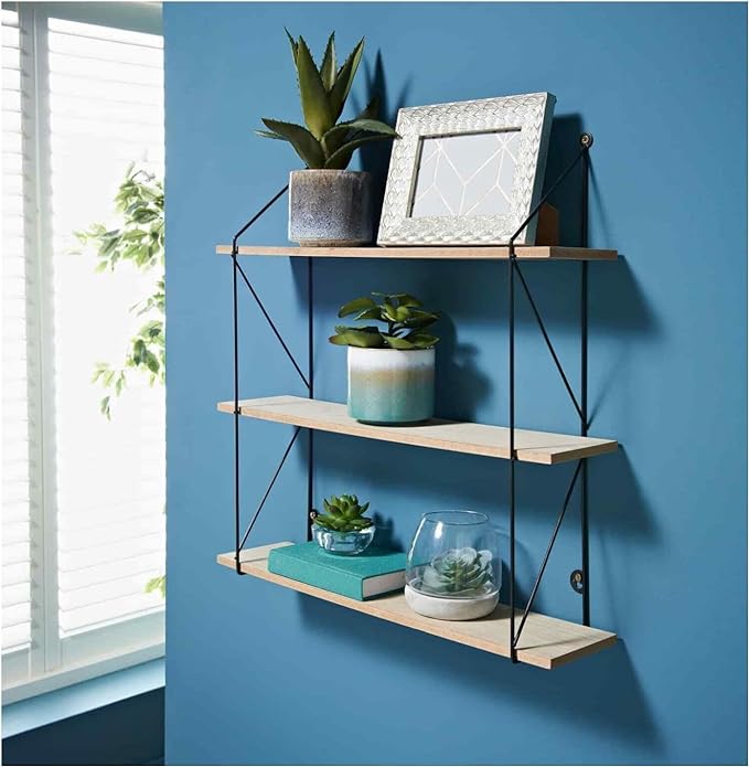 Modern 3 Tier Wooden Floating Shelves with Metal Wire Frame, Wall Mounted Wire Shelves, Decorative Hanging Shelves, Shelving unit for storage, Industrial Display Wall Shelf for Living Room home décor